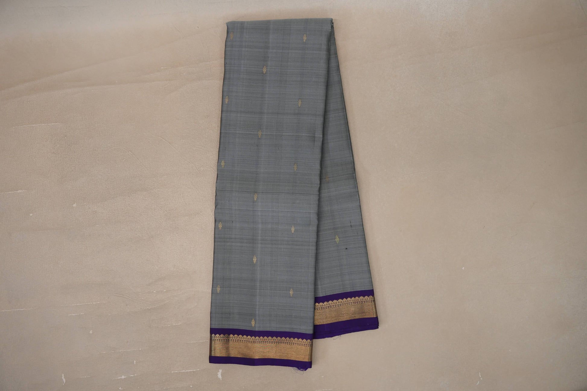 Online Silver Grey with Violet Purple Borders Vintage Kanjivaram Silk Saree