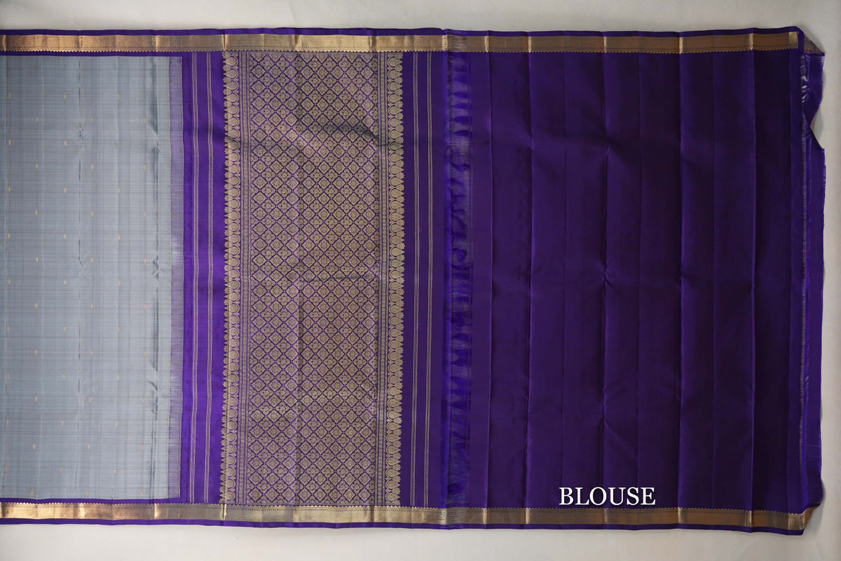 Silver Grey with Violet Purple Borders Vintage Kanjivaram Silk Saree blouse