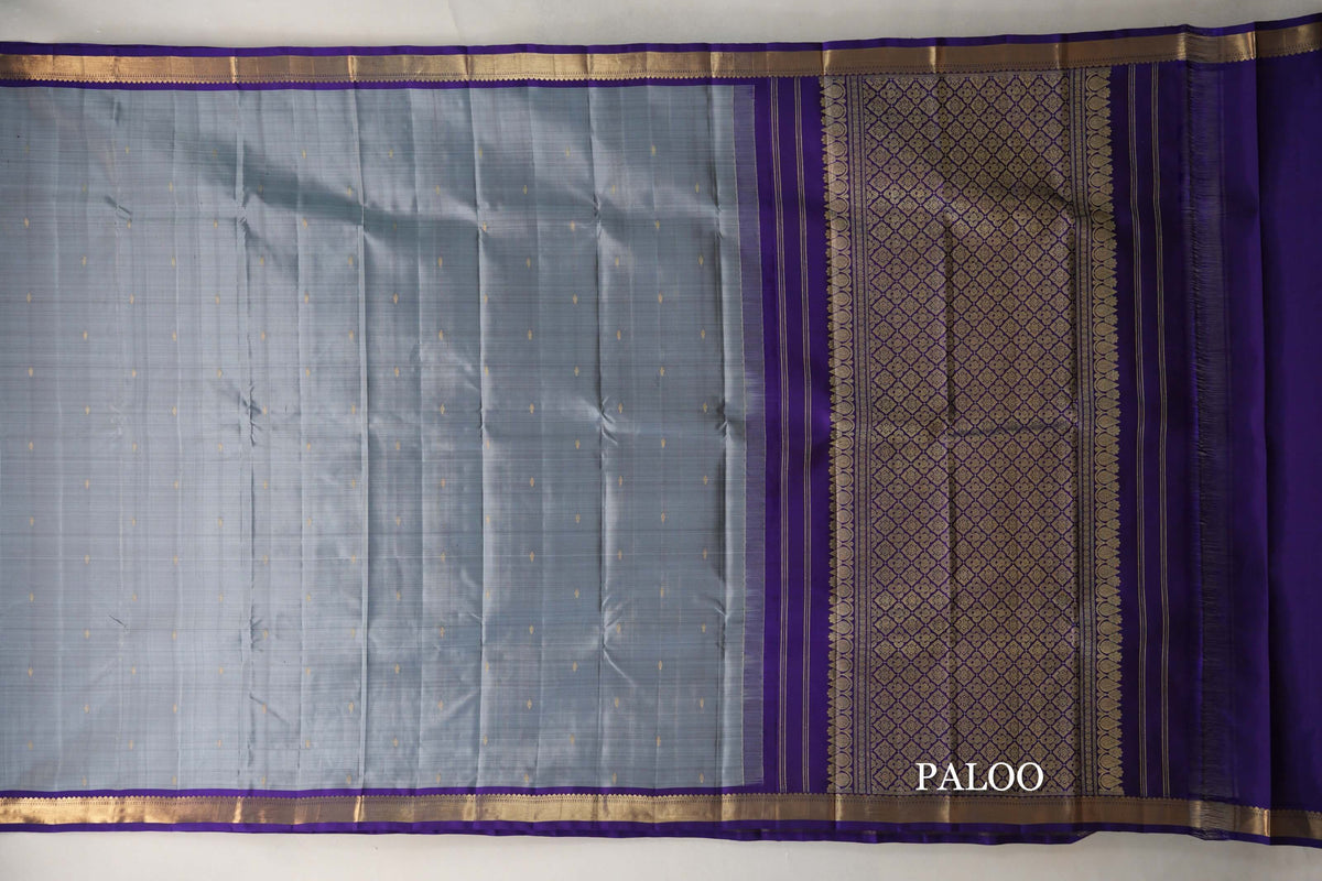 Silver Grey with Violet Purple Borders Vintage Kanjivaram Silk Saree paloo
