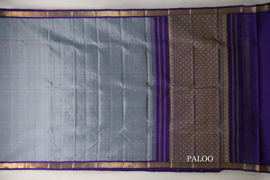 Silver Grey with Violet Purple Borders Vintage Kanjivaram Silk Saree paloo