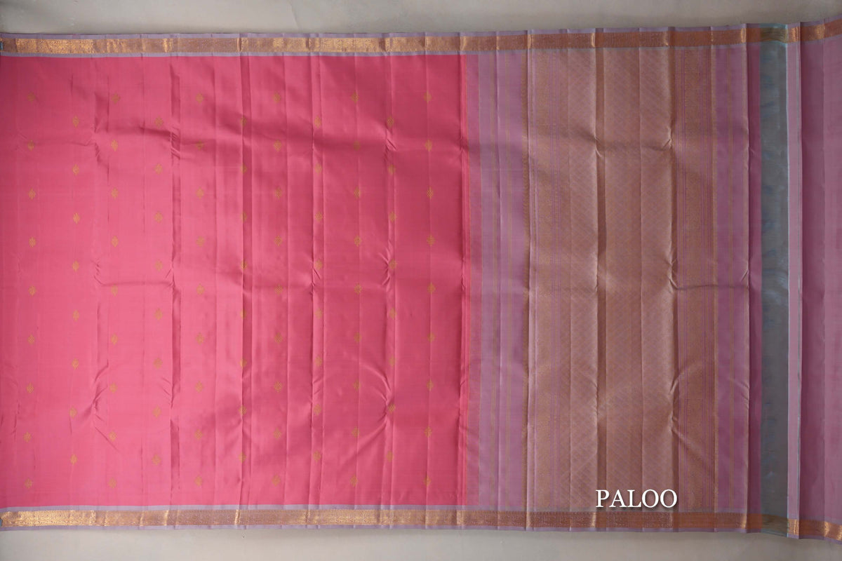Rose Pink with Dual Tone of Rose Pink and Elaichi Green Borders Vintage Kanjivaram Silk Saree paloo