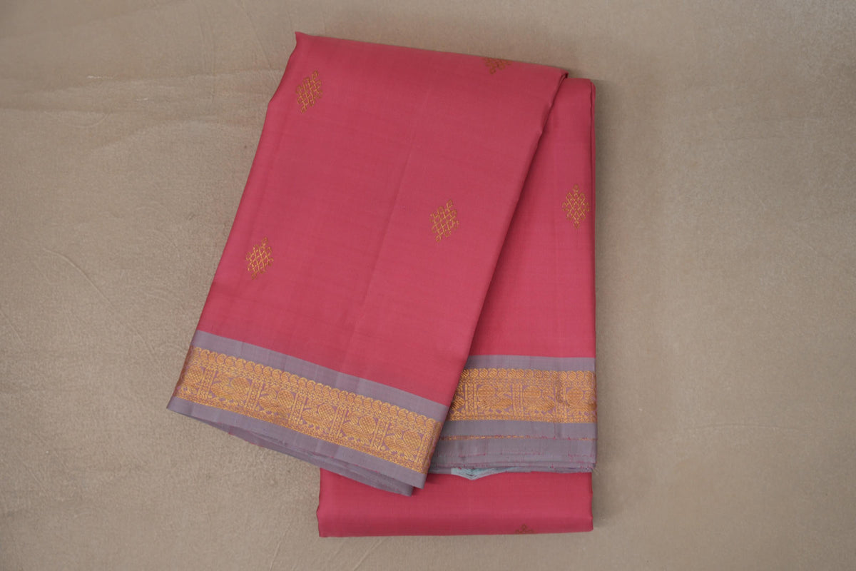 Rose Pink with Dual Tone of Rose Pink and Elaichi Green Borders Vintage Kanjivaram Silk Saree