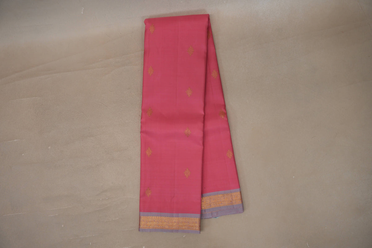 Online Rose Pink with Dual Tone of Rose Pink and Elaichi Green Borders Vintage Kanjivaram Silk Saree