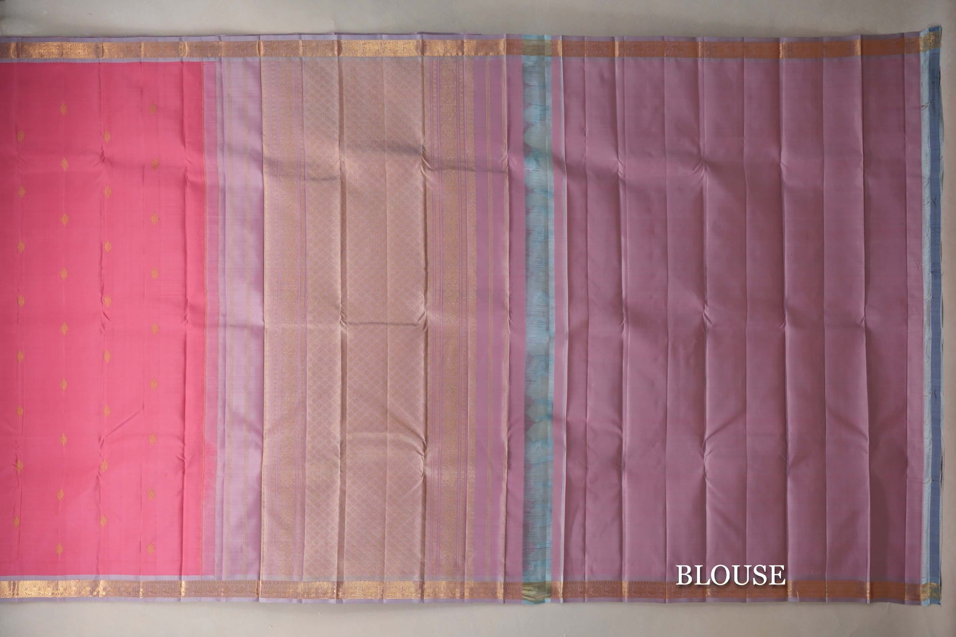 Rose Pink with Dual Tone of Rose Pink and Elaichi Green Borders Vintage Kanjivaram Silk Saree blouse