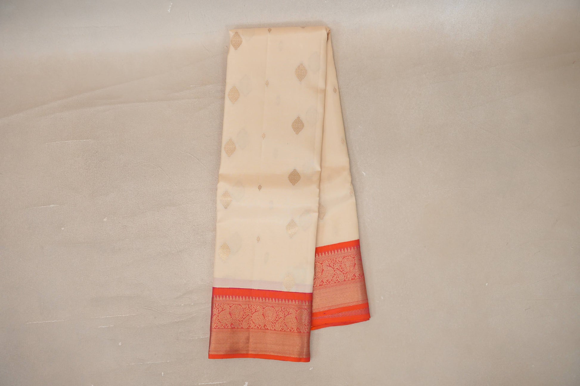 Online Cream with Dual Tone of Orange and Pink Borders Soft Silk Saree