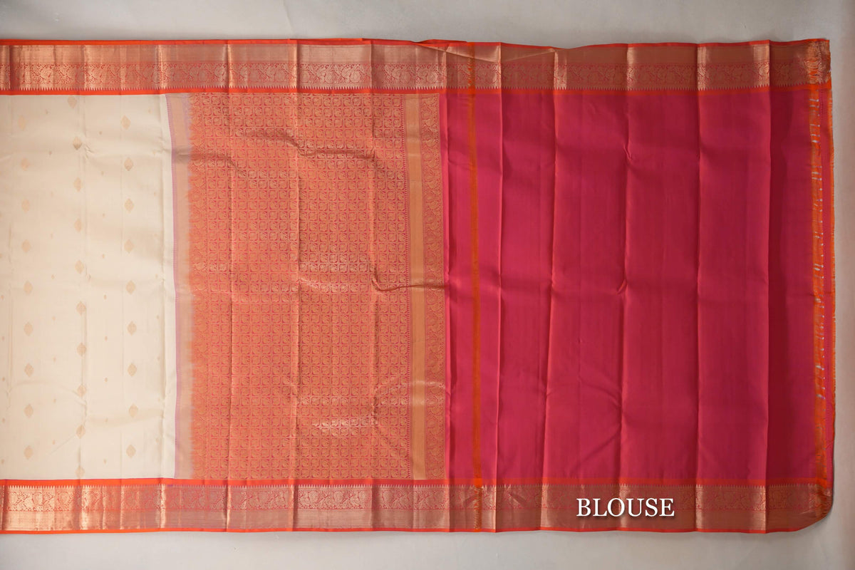 Cream with Dual Tone of Orange and Pink Borders Soft Silk Saree blouse