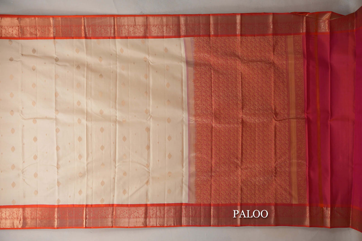 Cream with Dual Tone of Orange and Pink Borders Soft Silk Saree paloo