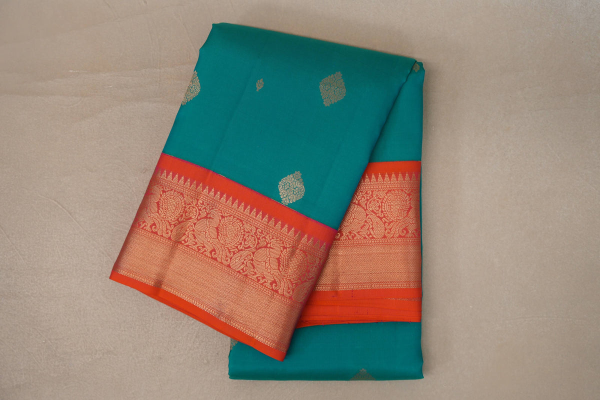 Rama Green with Dual Tone of Orange and Pink Borders Soft Silk Saree