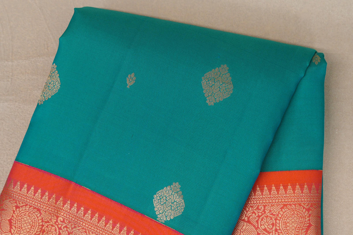 Rama Green with Dual Tone of Orange and Pink Borders Soft Silk Saree body
