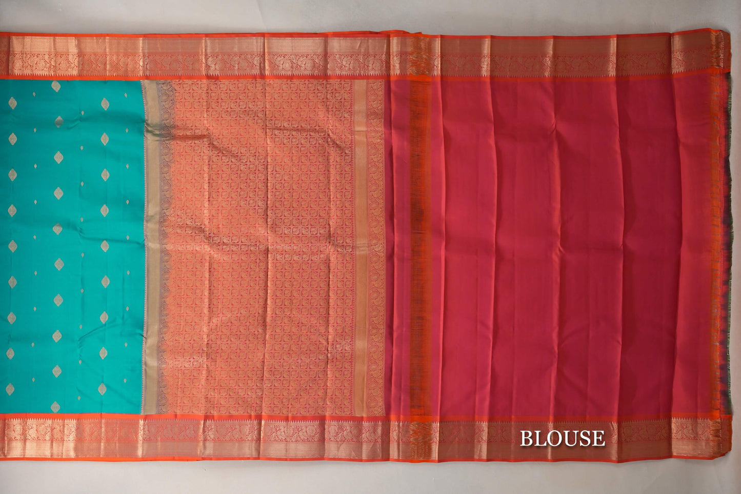 Rama Green with Dual Tone of Orange and Pink Borders Soft Silk Saree blouse