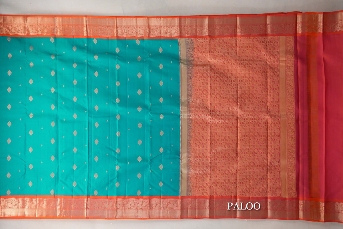 Rama Green with Dual Tone of Orange and Pink Borders Soft Silk Saree paloo