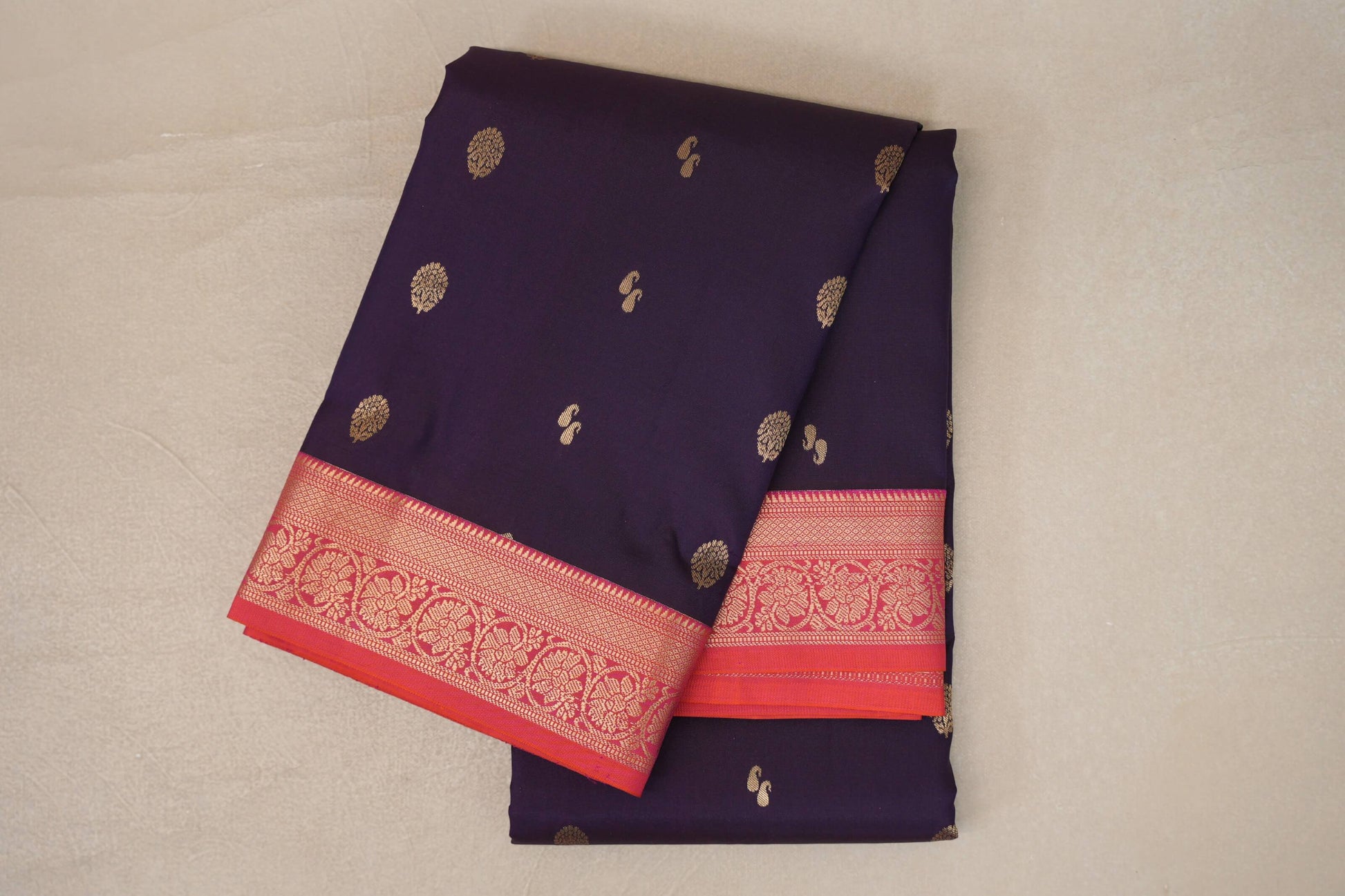 Deep Purple with Dual Tone of Orange and Pink Borders Soft Silk Saree 