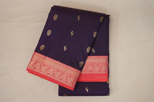 Deep Purple with Dual Tone of Orange and Pink Borders Soft Silk Saree 