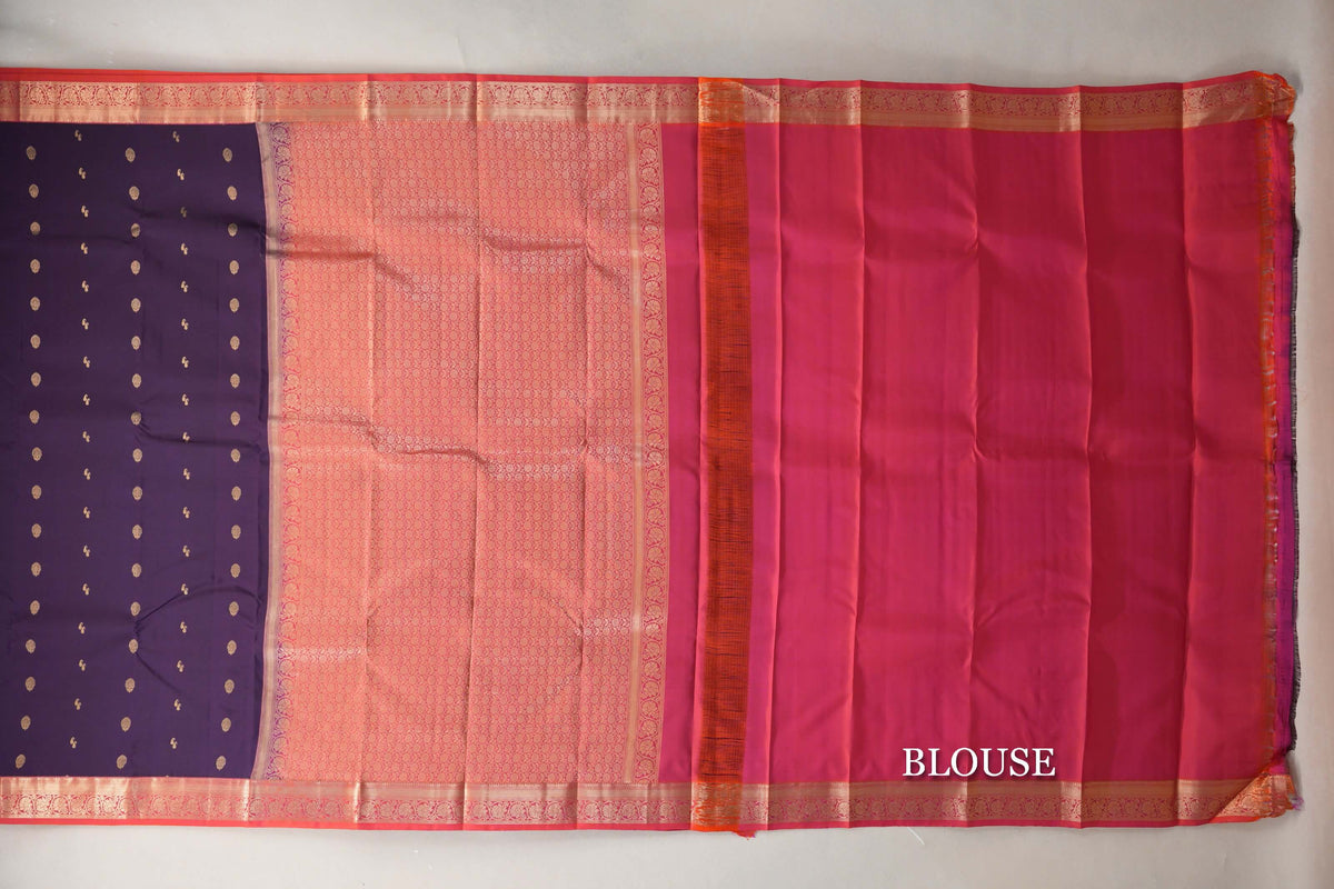 Deep Purple with Dual Tone of Orange and Pink Borders Soft Silk Saree blouse