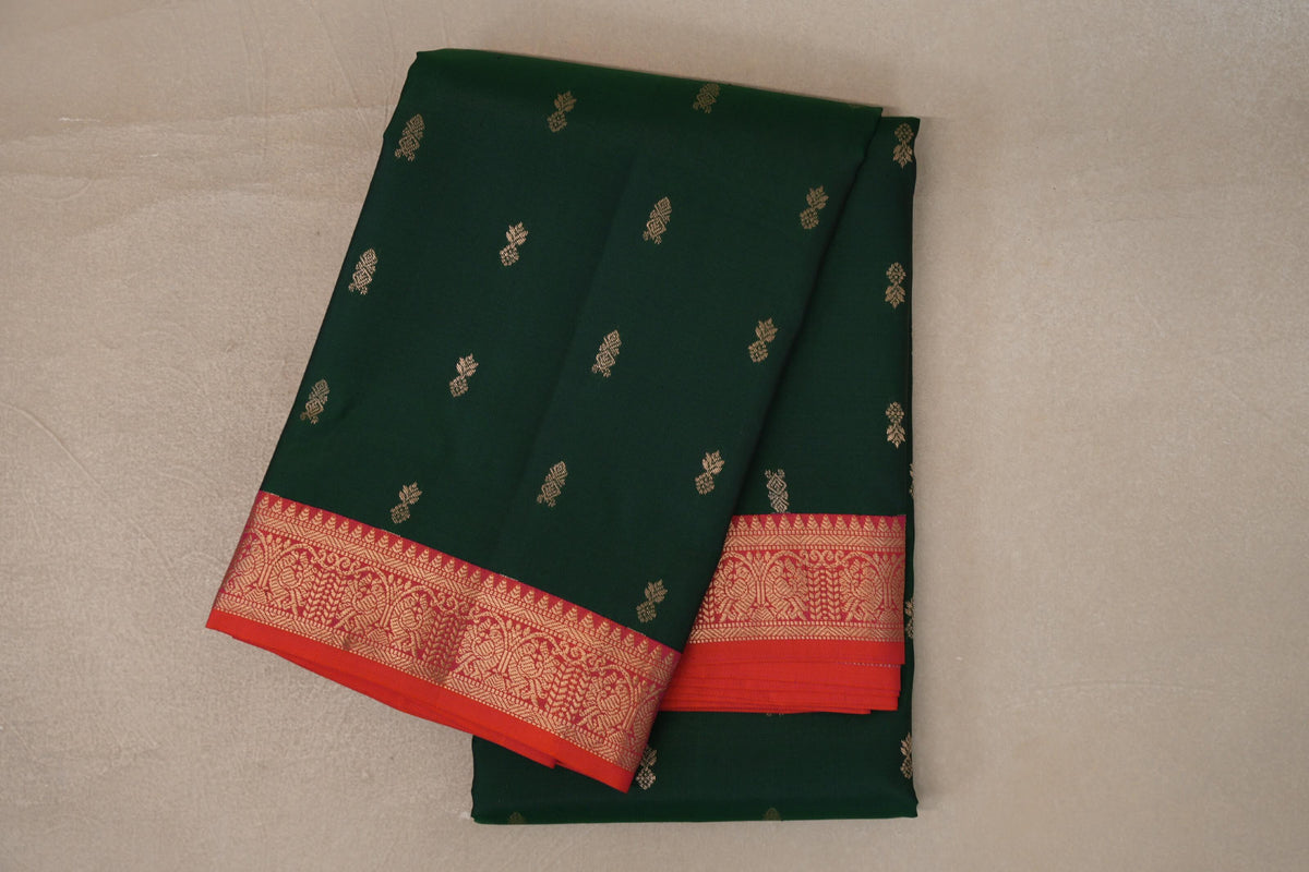 Deep Bottle Green with Dual Tone of Orange and Pink Borders Soft Silk Saree 