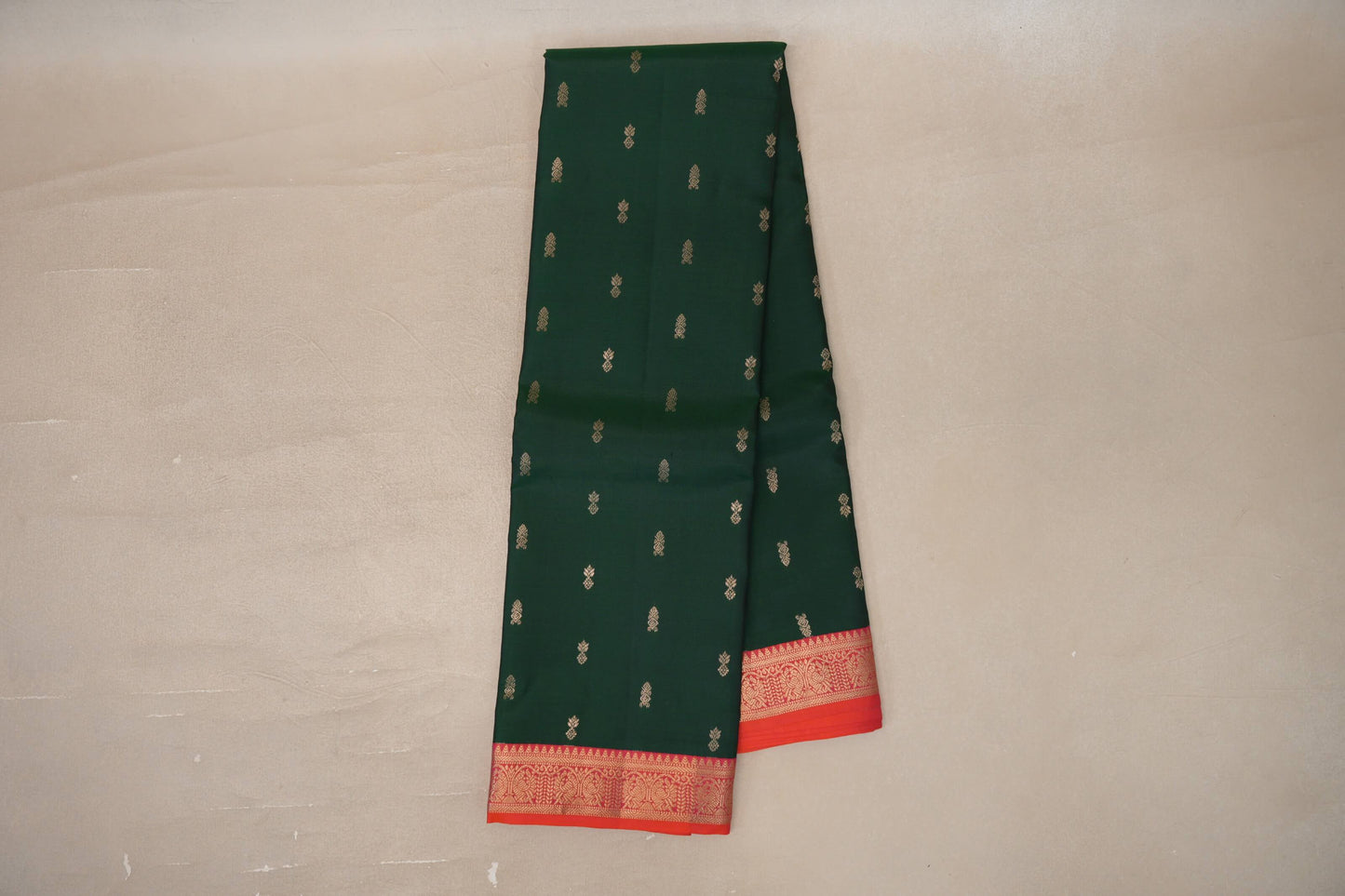 Online Deep Bottle Green with Dual Tone of Orange and Pink Borders Soft Silk Saree 