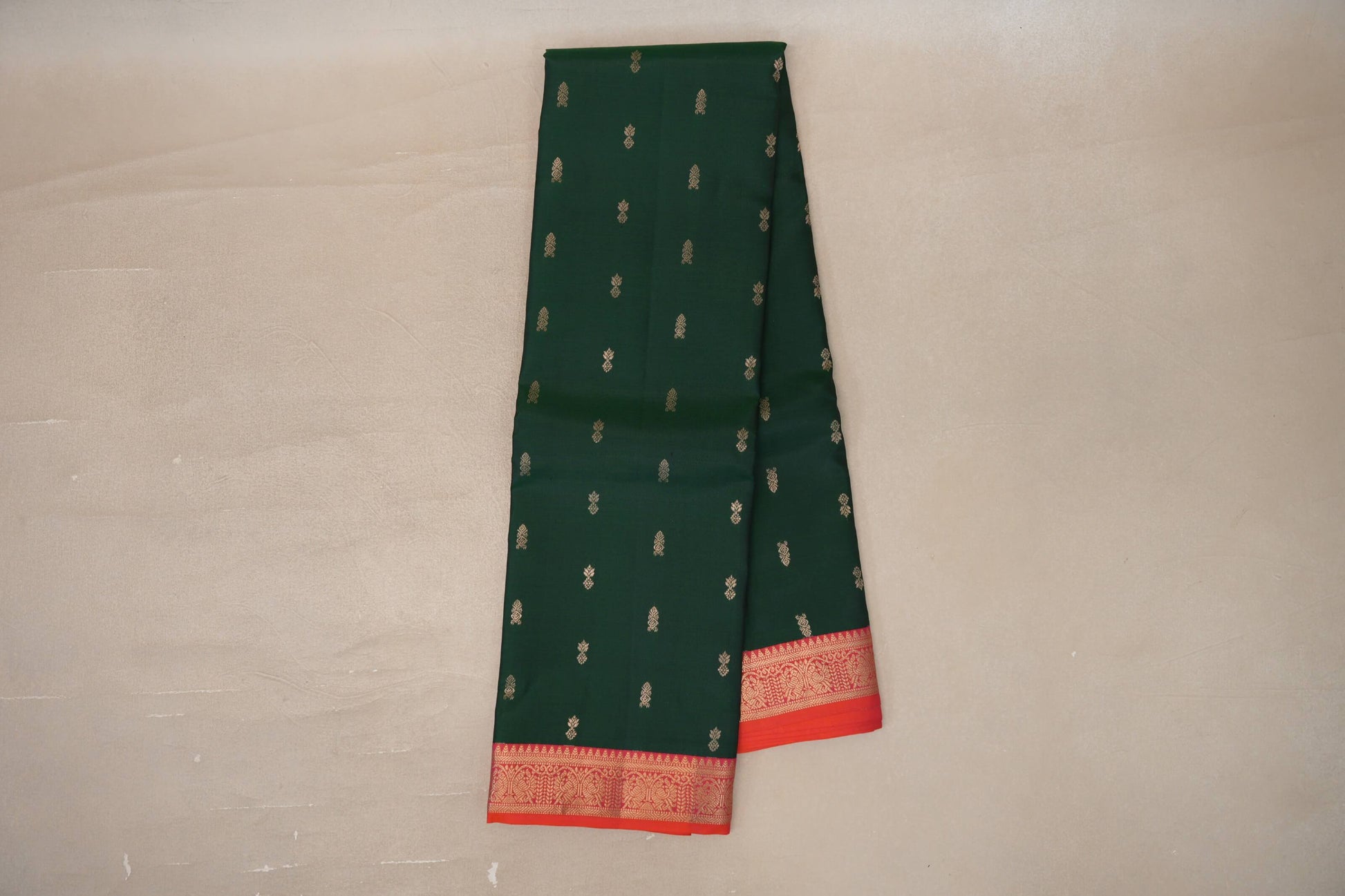 Online Deep Bottle Green with Dual Tone of Orange and Pink Borders Soft Silk Saree 