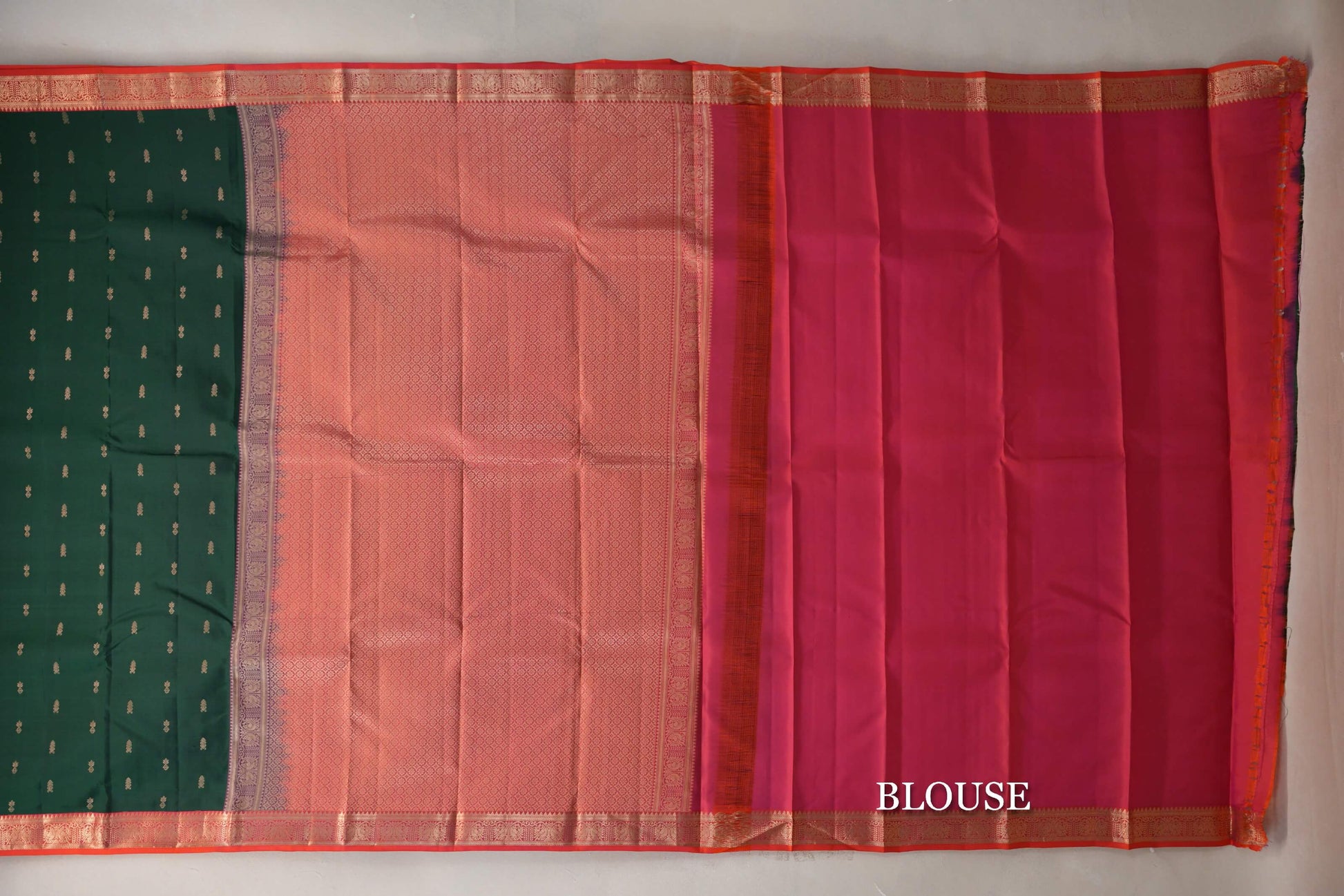 Deep Bottle Green with Dual Tone of Orange and Pink Borders Soft Silk Saree blouse