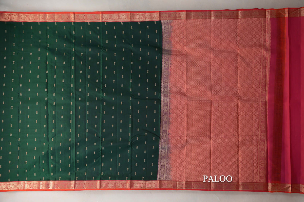Deep Bottle Green with Dual Tone of Orange and Pink Borders Soft Silk Saree paloo