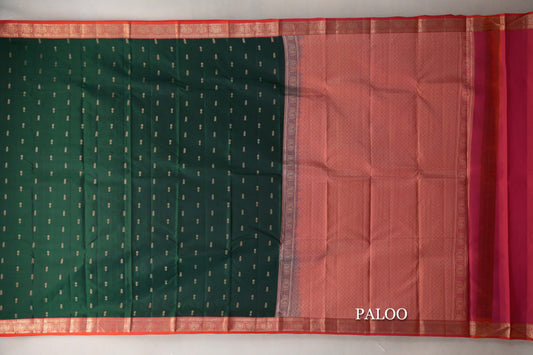 Deep Bottle Green with Dual Tone of Orange and Pink Borders Soft Silk Saree paloo