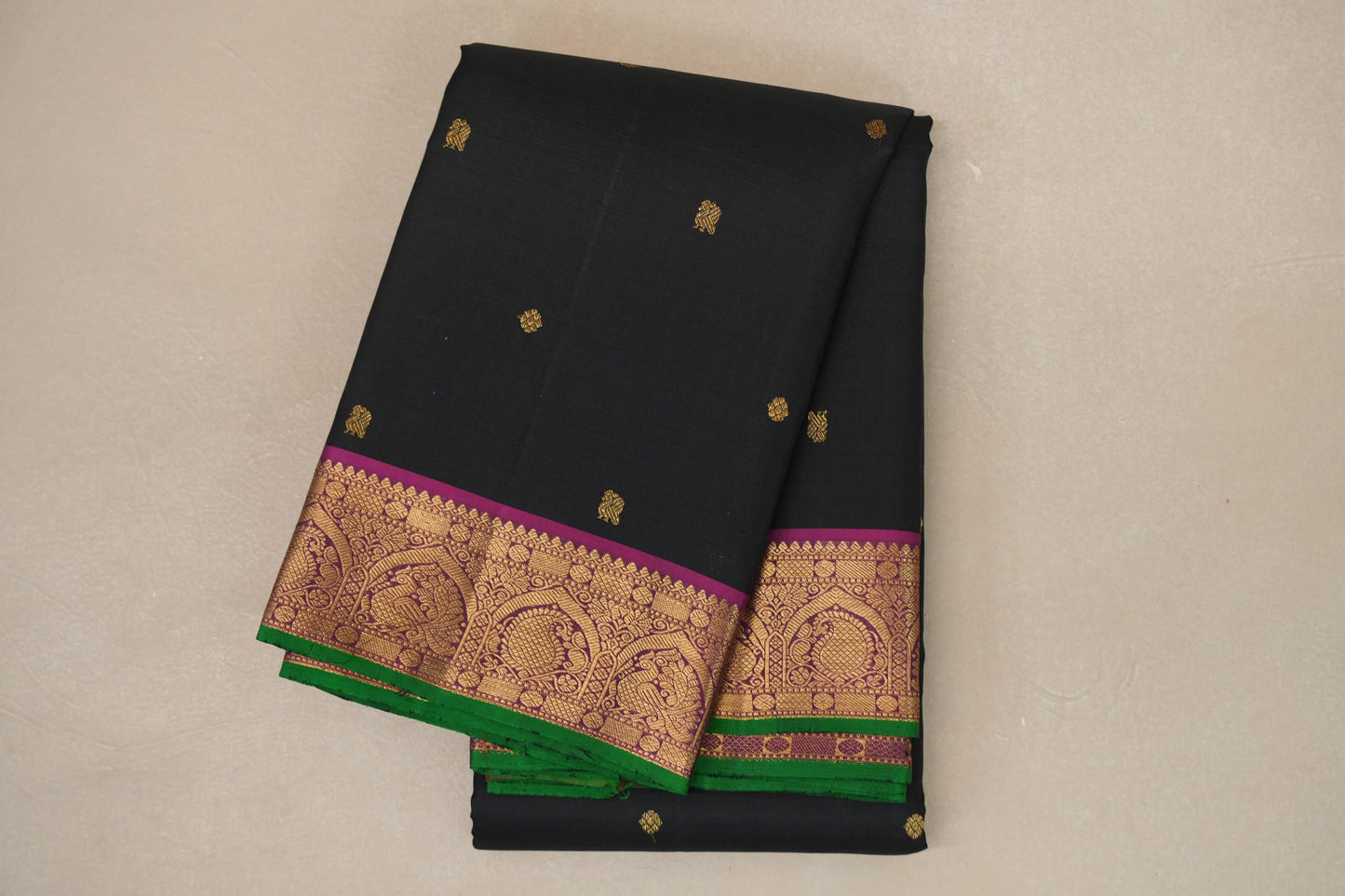 Black with Magenta border Vintage Kanjivaram Silk Saree