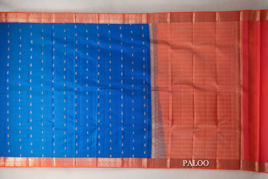 Peacock Blue with Pinkish Orange Borders Soft Silk Saree paloo