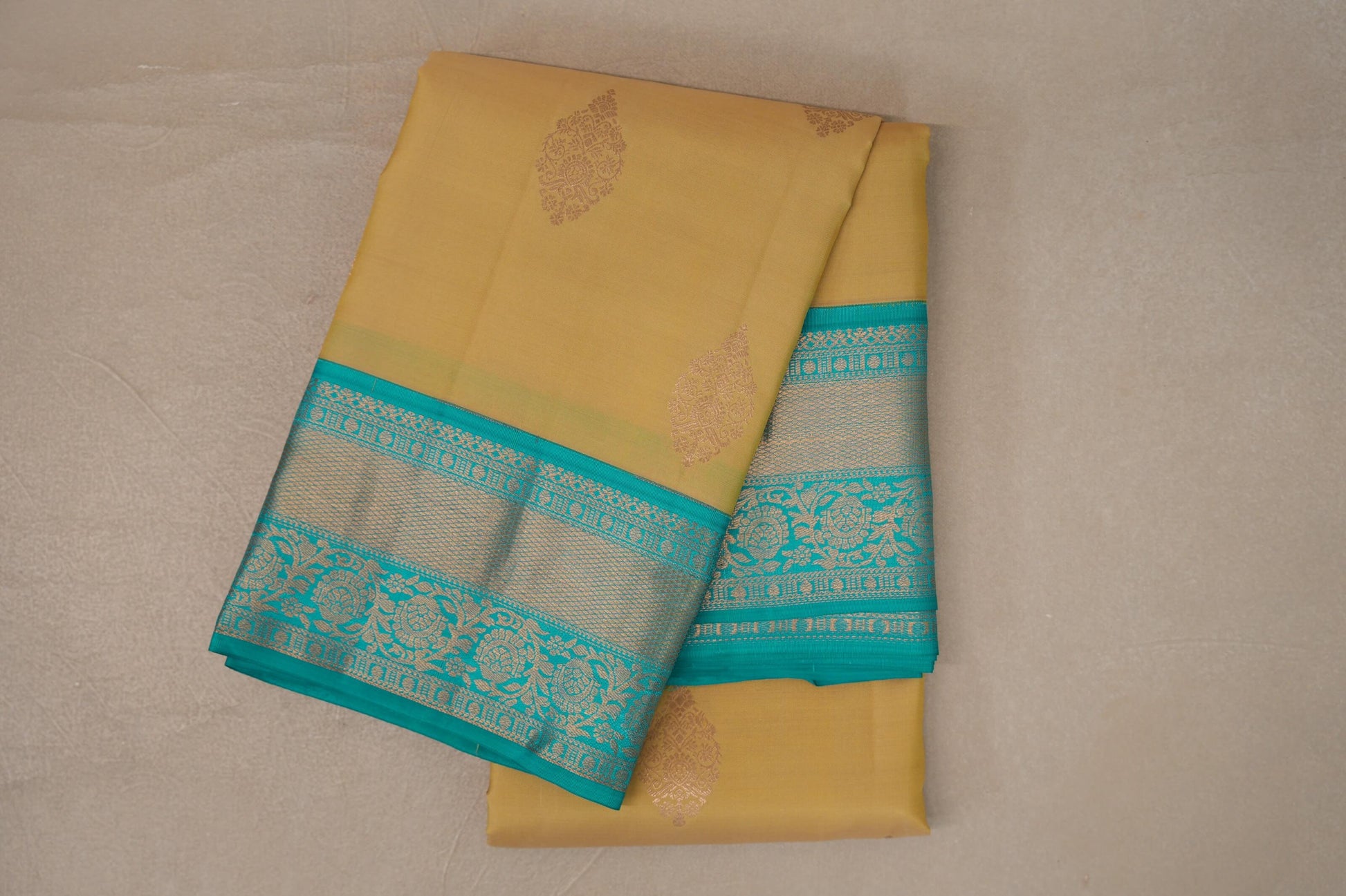 Greenish Yellow with Turquoise Blue Borders Soft Silk Saree