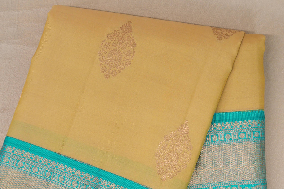 Greenish Yellow with Turquoise Blue Borders Soft Silk Saree body