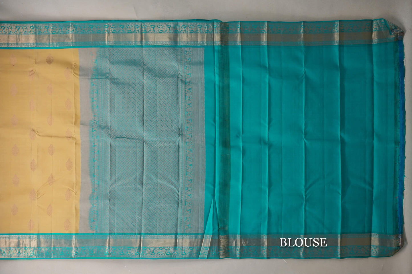 Greenish Yellow with Turquoise Blue Borders Soft Silk Saree blouse