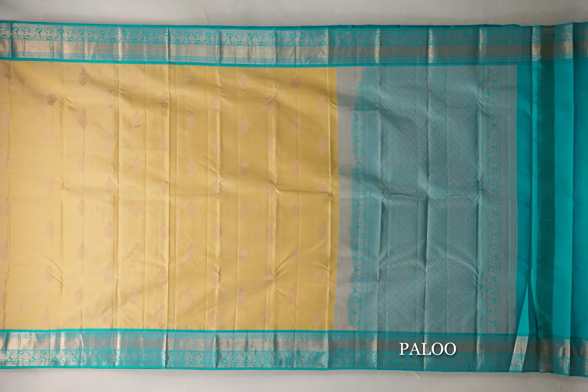 Greenish Yellow with Turquoise Blue Borders Soft Silk Saree paloo