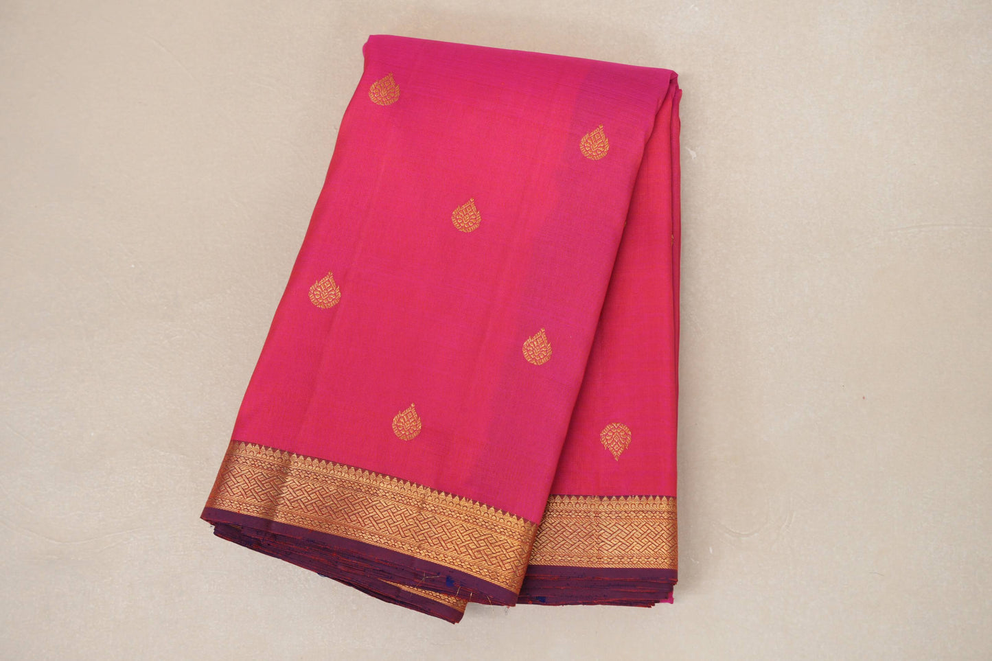 Pink with Purple Borders Plant Based Kanjivaram Silk Saree folded 