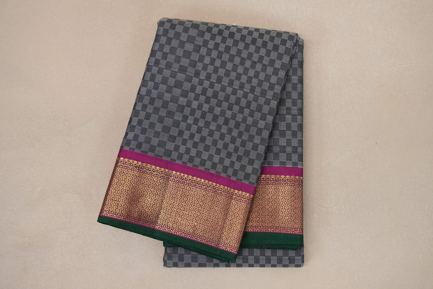 folded Grey with Magenta Borders Vintage Kanjivaram Silk Saree