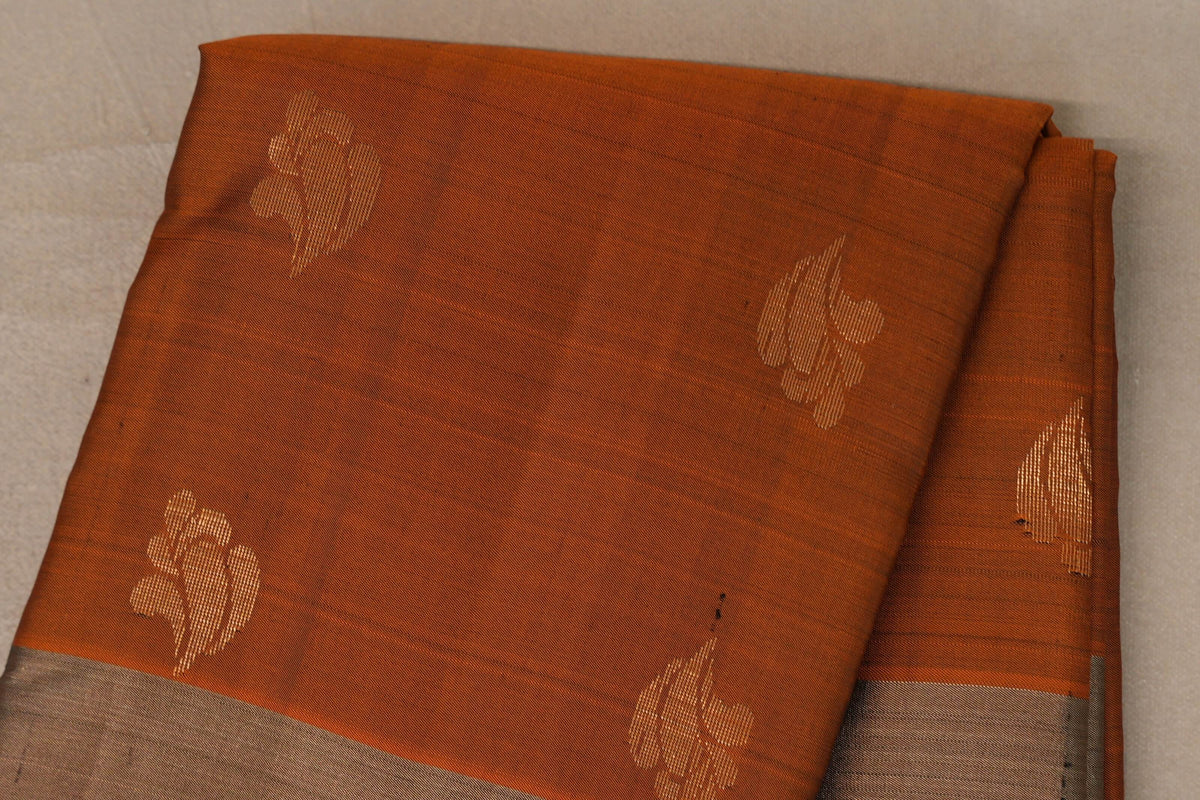 Burnt Orange with Leaf Green Borders Light Weight Kanjivaram Silk Saree body