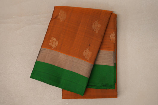 Burnt Orange with Leaf Green Borders Light Weight Kanjivaram Silk Saree