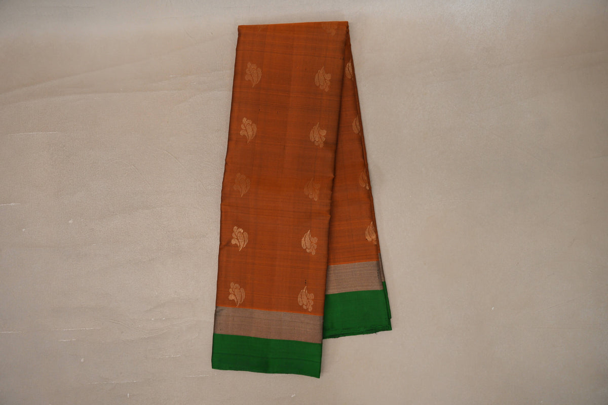 Online Burnt Orange with Leaf Green Borders Light Weight Kanjivaram Silk Saree