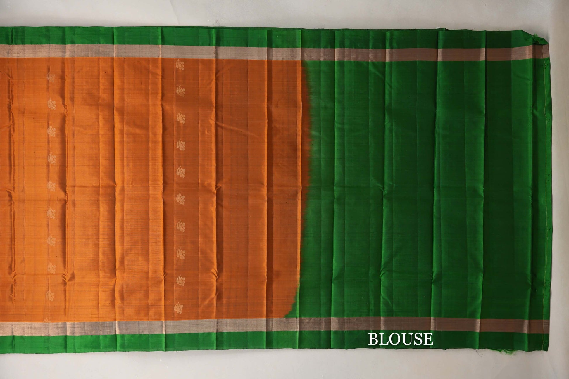 Burnt Orange with Leaf Green Borders Light Weight Kanjivaram Silk Saree blouse
