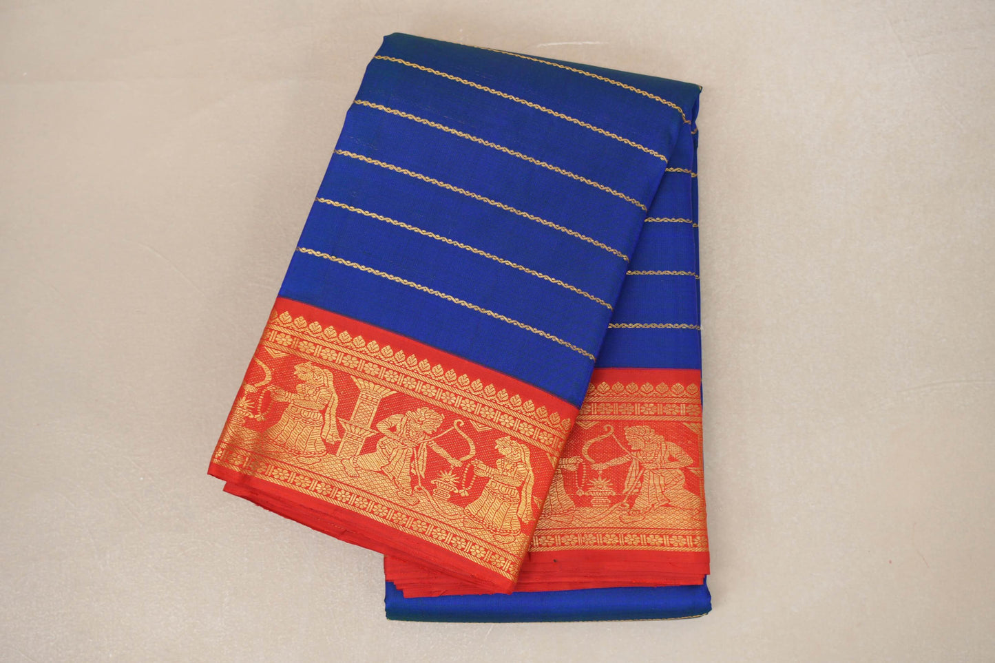 folded Peacock Blue Vintage Beldhary Kanjivaram Silk Saree