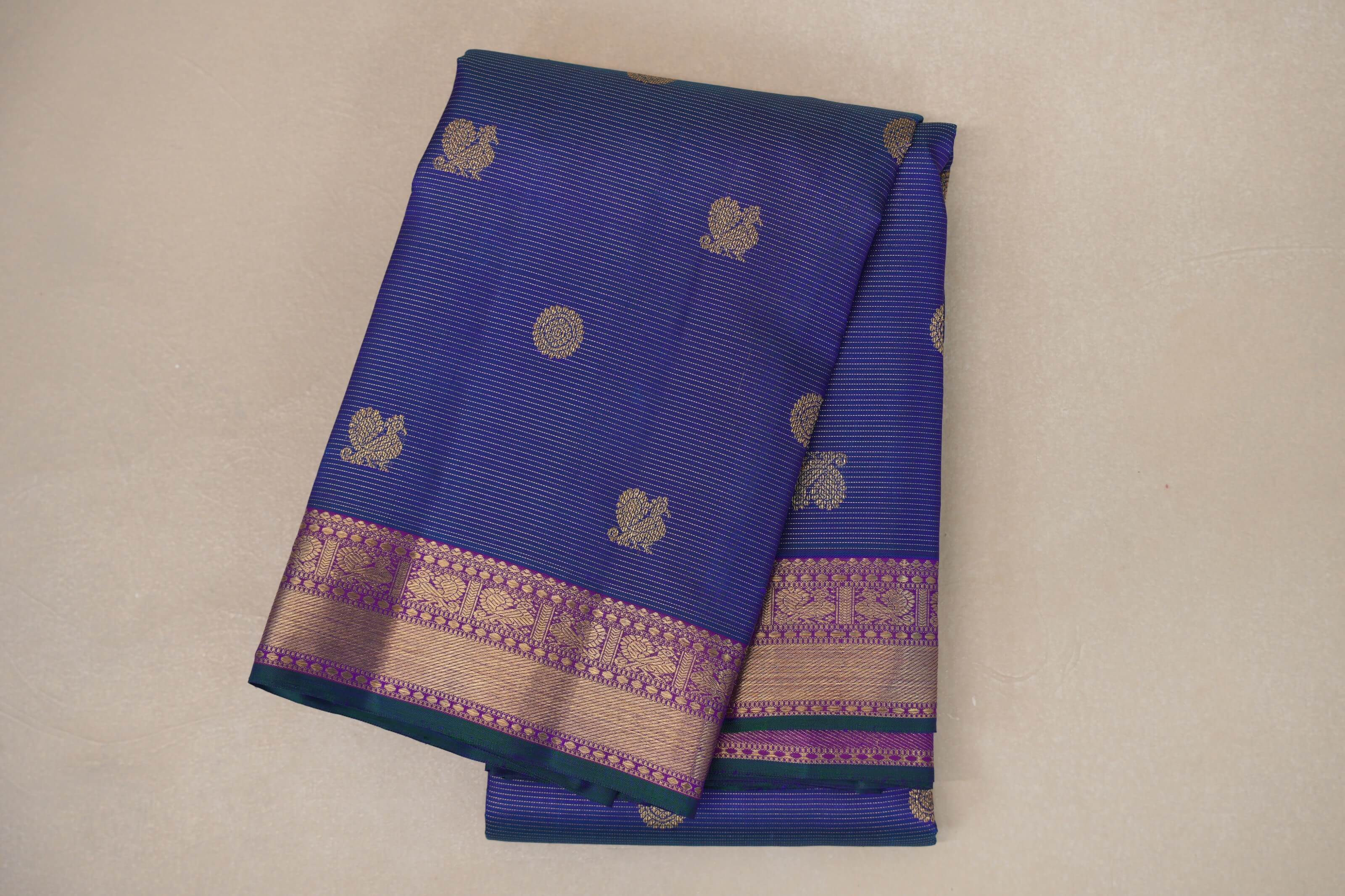 Peacock Blue Heirloom Kanjivaram Silk Saree folded 