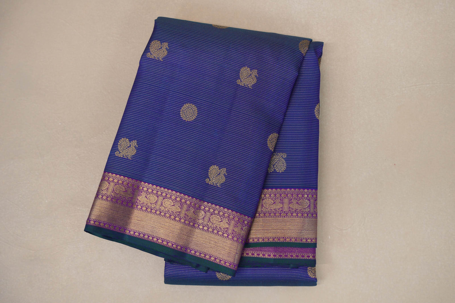 Peacock Blue Heirloom Kanjivaram Silk Saree folded 