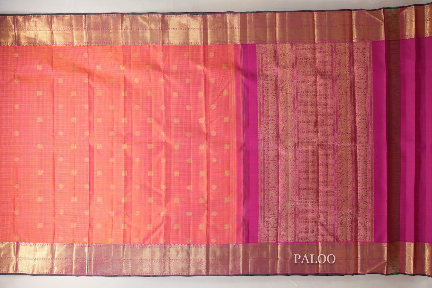 Pinkish Orange Heirloom Kanjivaram Silk Saree paloo