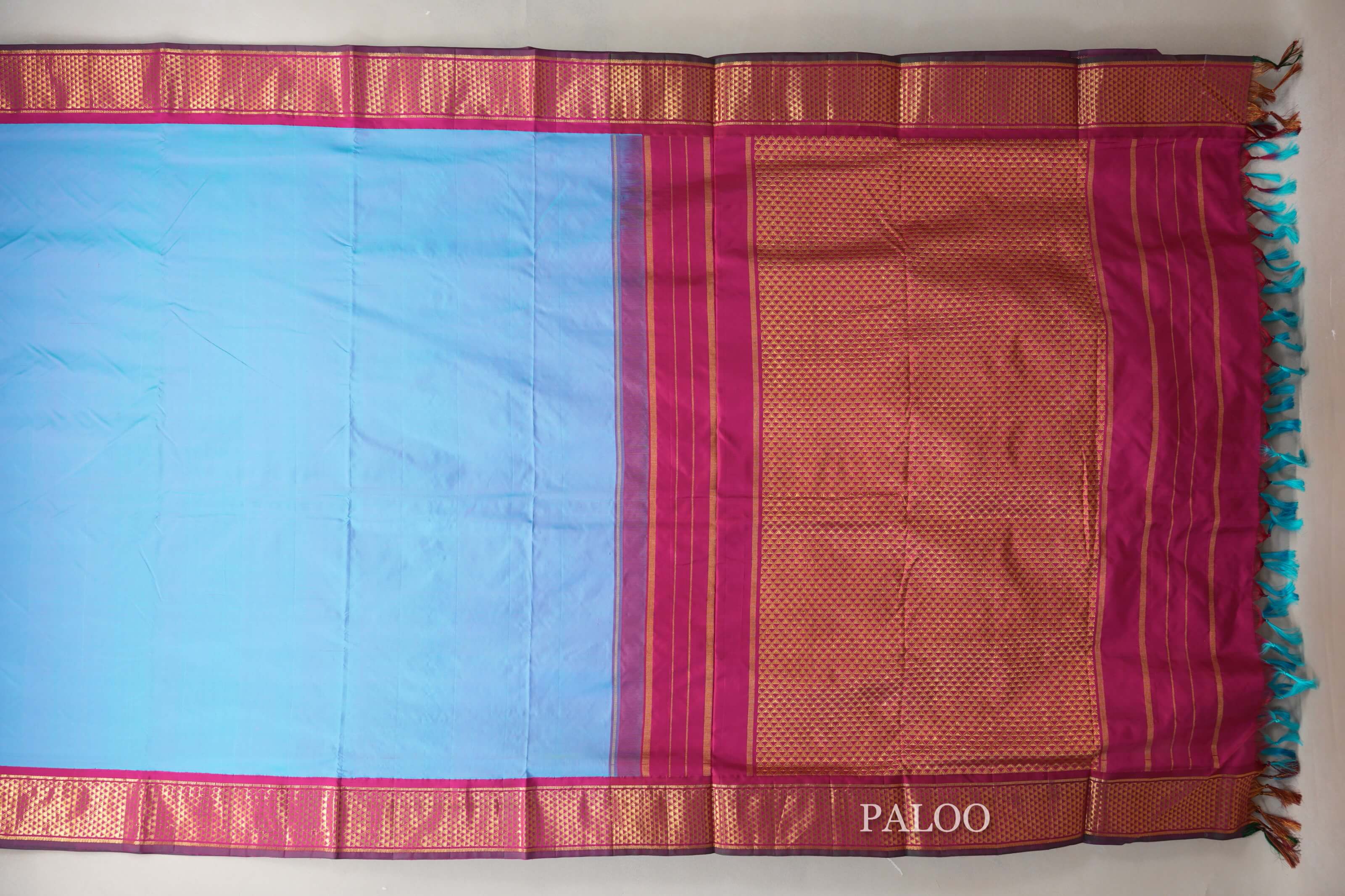 Sky Blue Ten Yards Silk Saree paloo