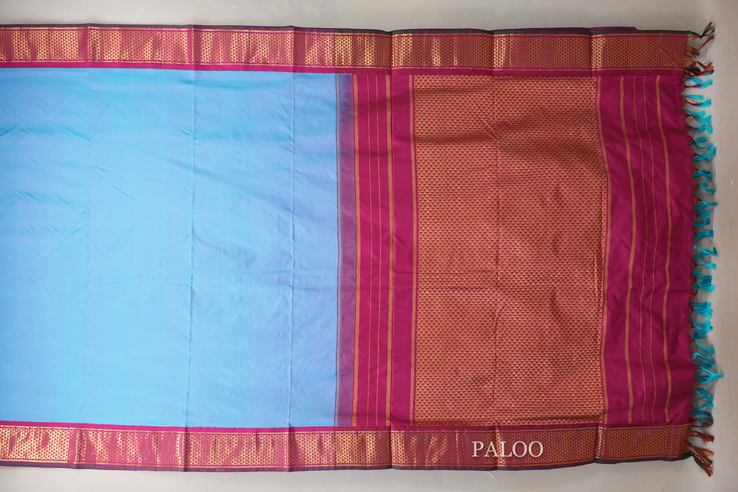 Sky Blue Ten Yards Silk Saree paloo