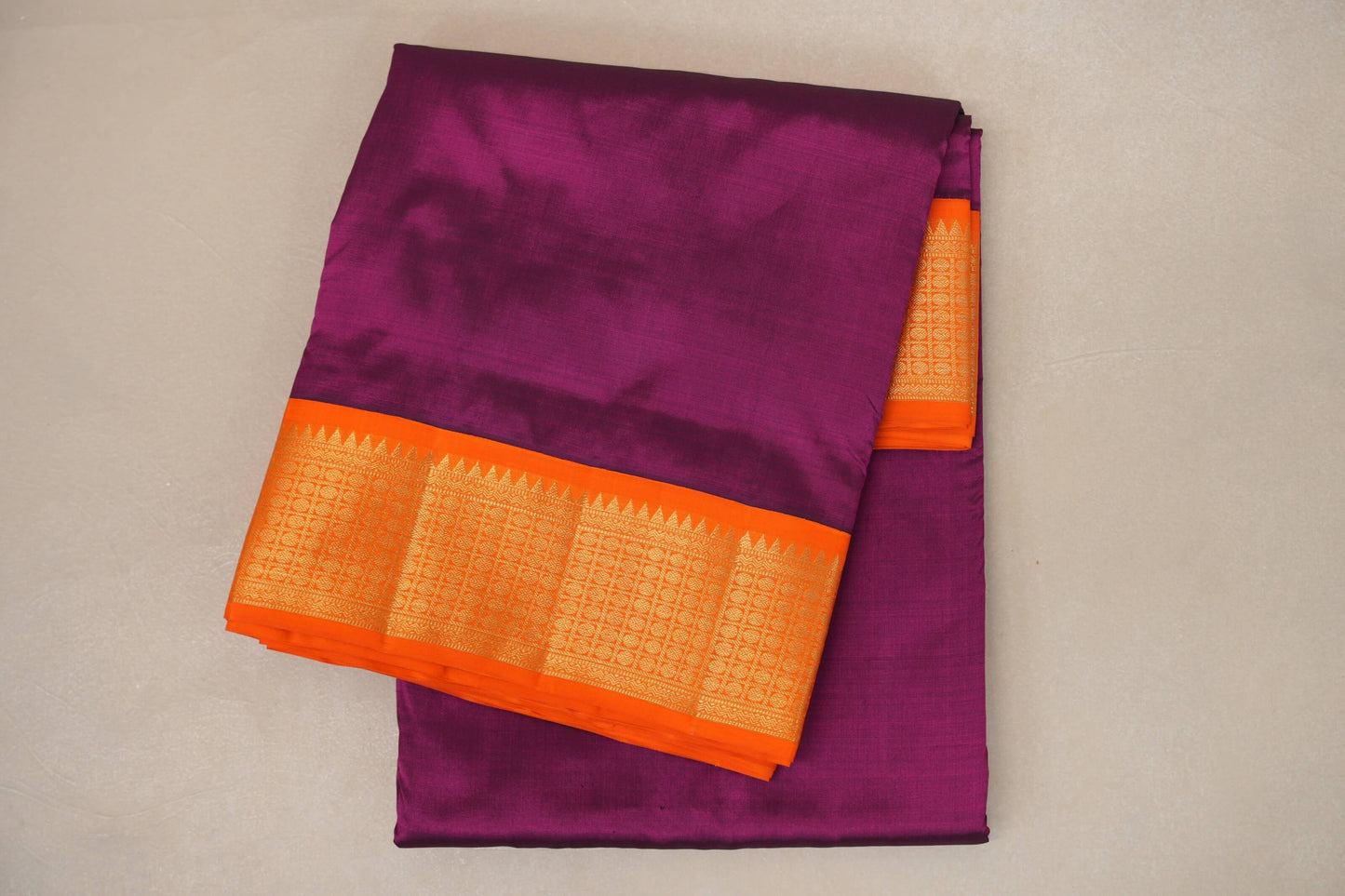 folded Magenta with Orange Borders Ten Yards Silk Saree 
