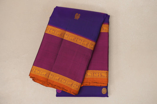Deep Violet with Plum Borders and Burnt Orange Selvedge Vintage Thread woven Kanjivaram Silk Saree SS8911