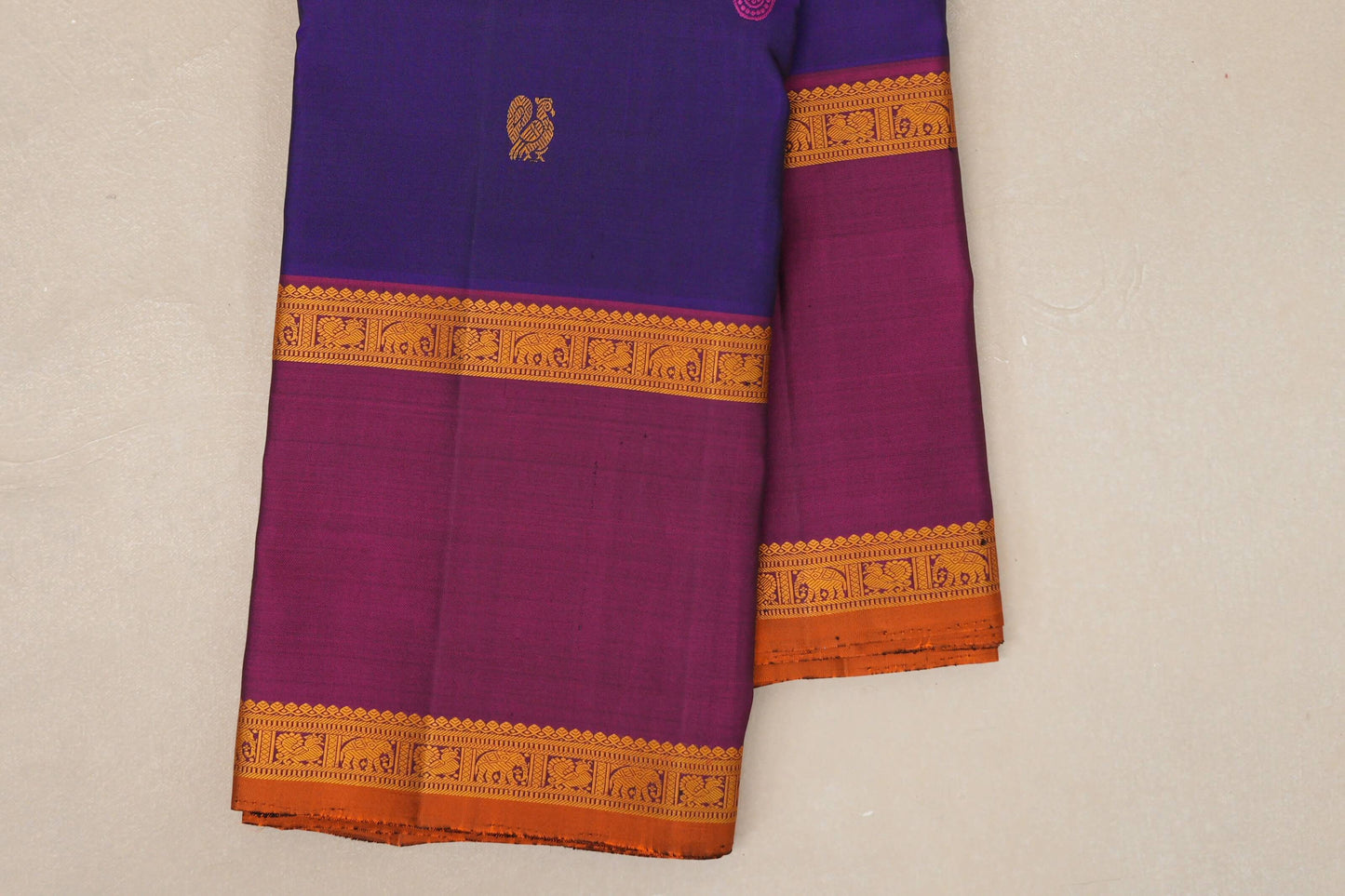 Deep Violet with Plum Borders and Burnt Orange Selvedge Vintage Thread woven Kanjivaram Silk Saree SS8911