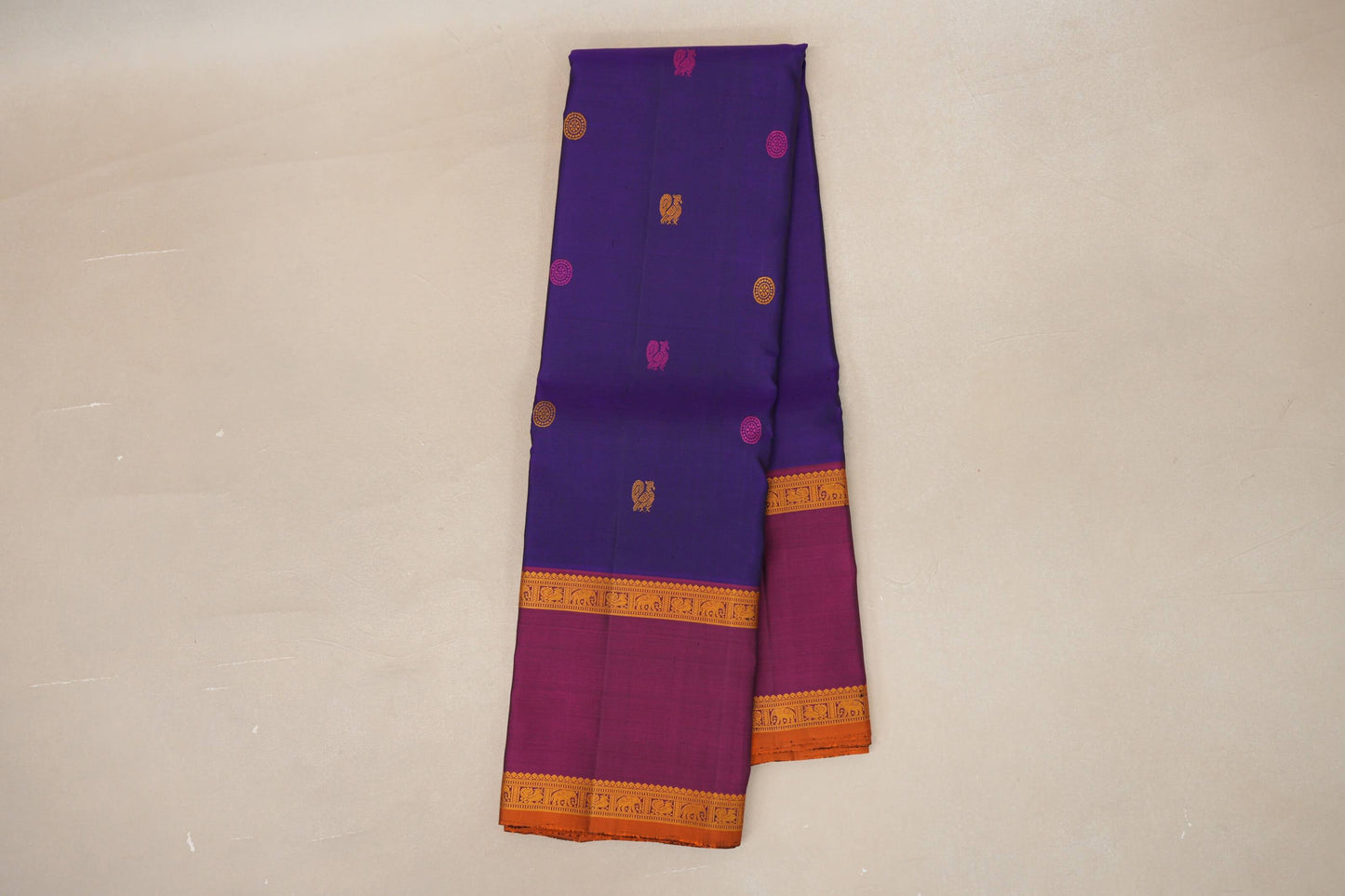 Deep Violet with Plum Borders and Burnt Orange Selvedge Vintage Thread woven Kanjivaram Silk Saree SS8911