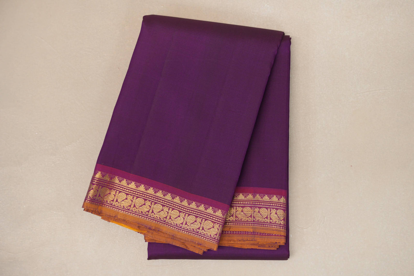 Royal Purple with Magenta Pink Borders and Burnt Orange Selvedge Vintage Kanjivaram Silk Saree SS8913