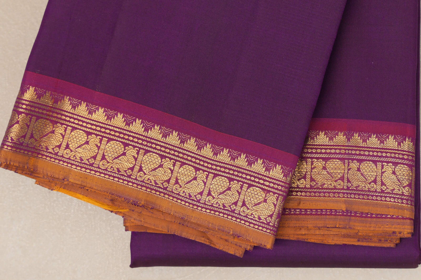 Royal Purple with Magenta Pink Borders and Burnt Orange Selvedge Vintage Kanjivaram Silk Saree SS8913