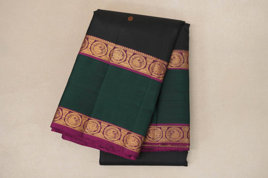 Black with Dark Forest Green Borders and Magenta Selvedge Vintage Kanjivaram Silk Saree SS8914