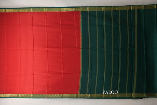 Tomato Red with Bottle Green Borders Mysore Silk Saree paloo